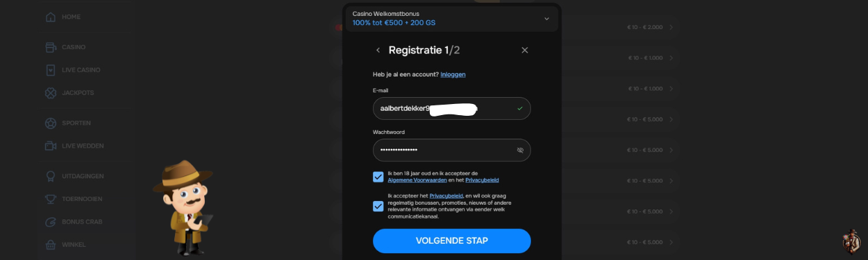 Registratie bij het casino Mr. Punter